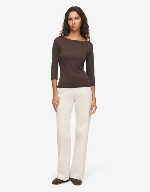 Noisy May top côtelé à col rond et manches 3/4 marron, 3 de 6