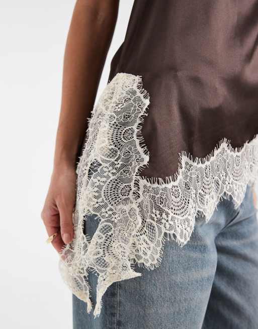 Noisy May - Top dos nu en satin avec détails en dentelle - Marron, 3 de 4