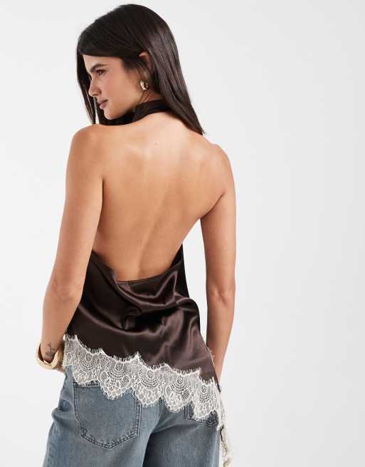 Noisy May - Top dos nu en satin avec détails en dentelle - Marron, 4 de 4