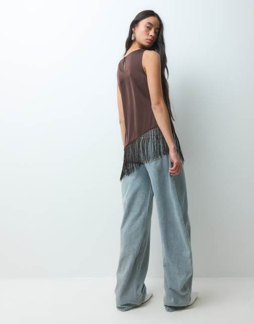 Noisy May top en satin à franges marron, 4 de 5