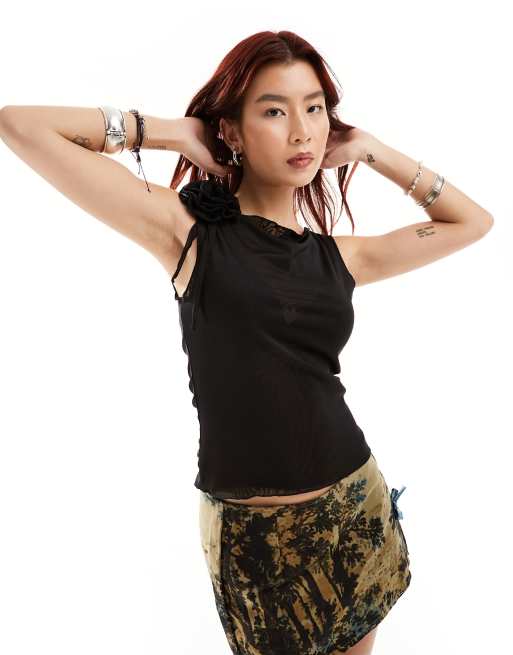 Noisy May - Top en tulle transparent avec grosse rose - Noir