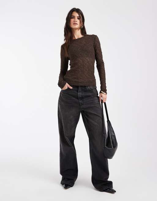 Noisy May top in pizzo a maniche lunghe color cioccolato, 2 di 4