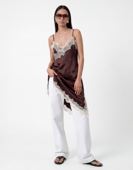 Noisy May - Top long en satin avec ourlet asymétrique en dentelle - Chocolat, 2 de 4