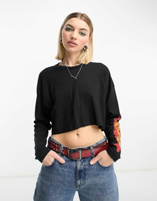 Noisy May - Top motif flammes sur la manches - Noir