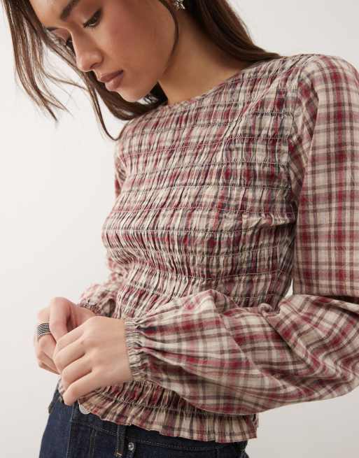 Noisy May - Top smocké à manches longues et carreaux - Rouge et beige, 3 de 4