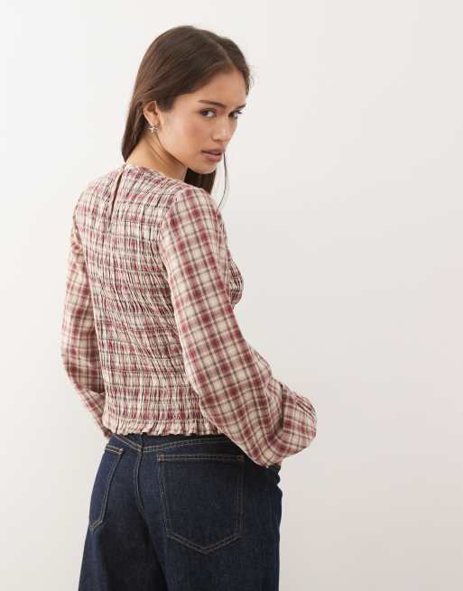 Noisy May - Top smocké à manches longues et carreaux - Rouge et beige, 4 de 4