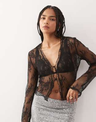 Noisy May - Transparente Strickjacke aus Spitze in Schwarz