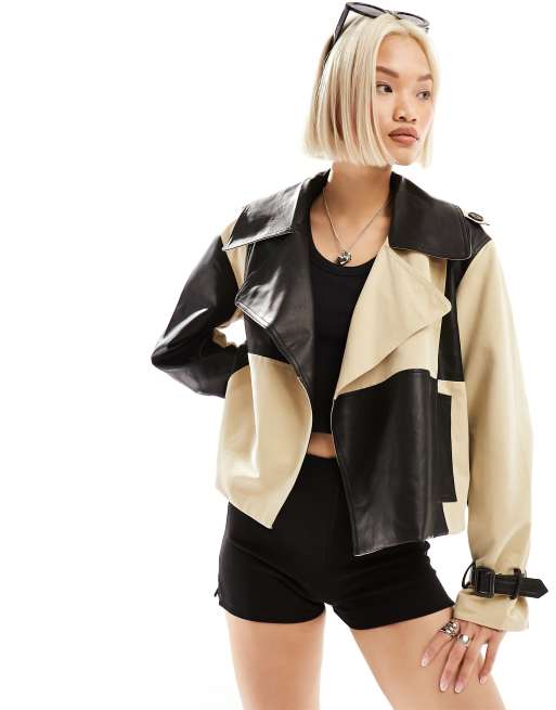 Noisy May - Trench taglio corto beige e nero a quadri colorblock