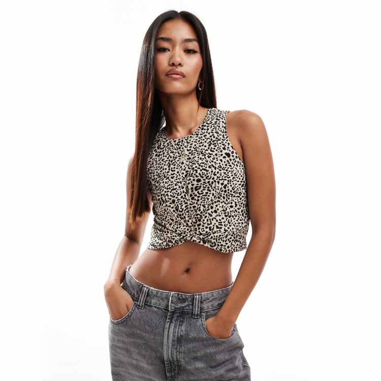 Noisy May twist front crop top in leopard print | ASOS