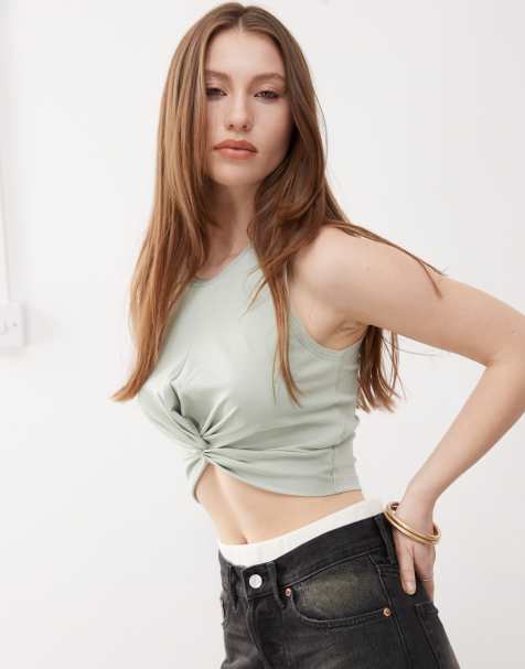Noisy May twist front crop top in pale sage - view 1