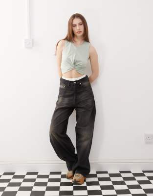 Noisy May Twist Front Crop Top In Gray