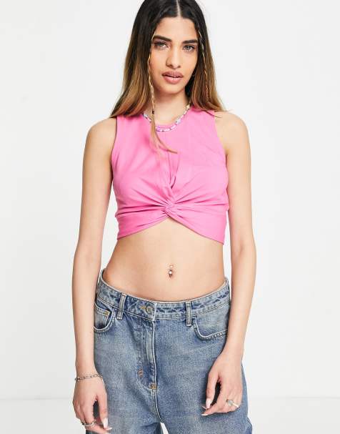 Noisy May twist front crop top in pink
