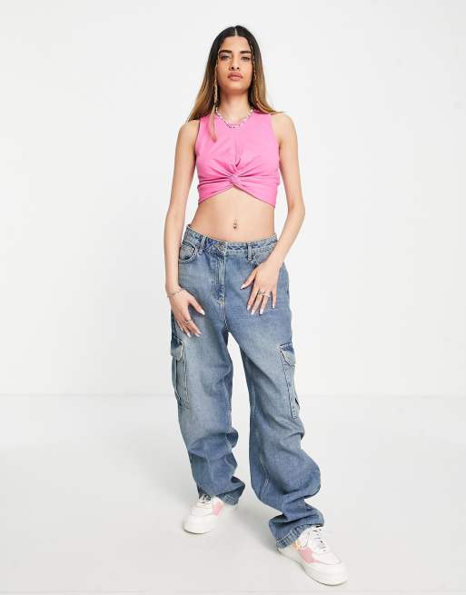 Noisy May twist front crop top in pink, 4 of 4
