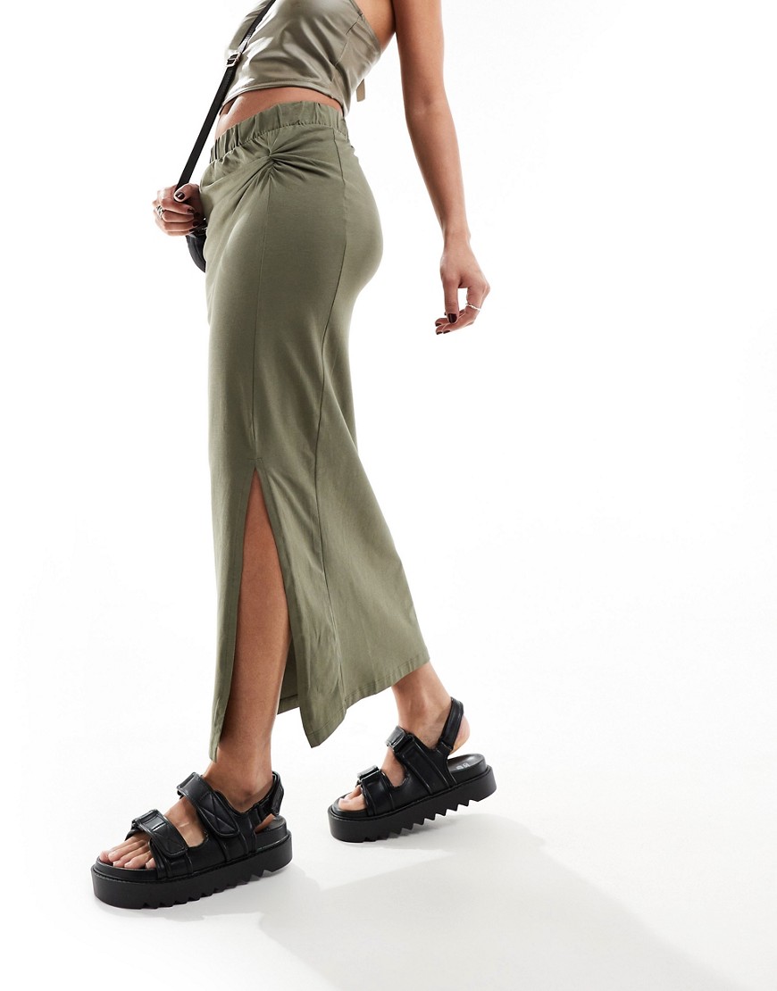Noisy May Twist Front Maxi Skirt With Slit Hem In Khaki-green