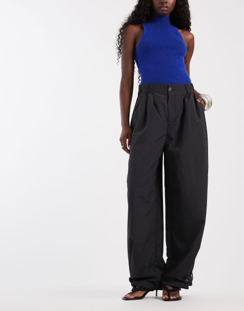 Noisy May utility wide leg balloon pants with buttons in charcoal - view 1