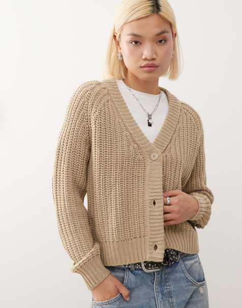 Noisy May v neck cardigan in beige - view 1