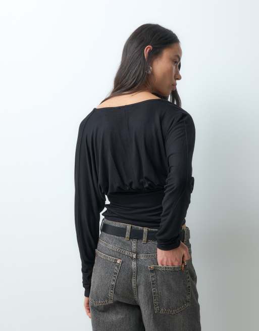 Noisy May v-neck cinch top in black, 3 of 5