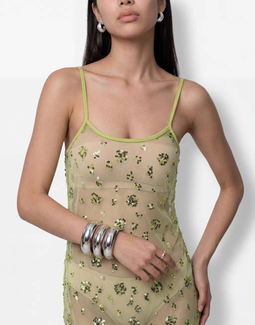Noisy May - Vestido largo verde lima de tejido transparente con lentejuelas, 4 de 4