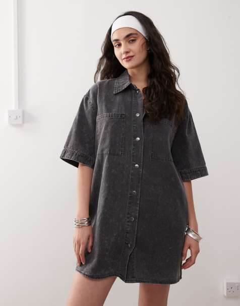 Noisy May - Vestito camicia corto in denim color grigio slavato - view 1
