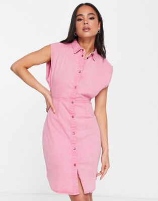 Noisy May denim mini shirt dress in washed pink - ASOS Price Checker