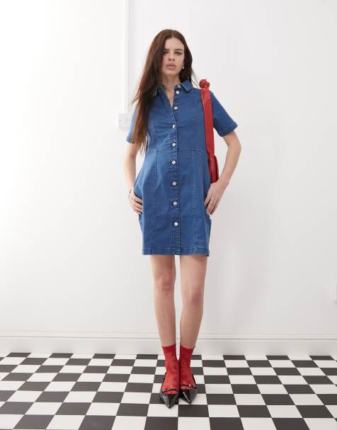 Noisy May - Vestito corto in denim blu lavaggio medio a maniche corte - view 1