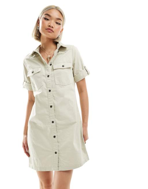 Noisy May - Vestito corto in denim color avena con maniche risvoltate
