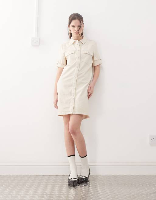 Noisy May - Vestito corto in denim color crema con maniche risvoltate