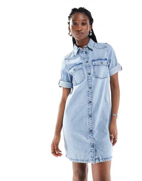 Noisy May - Vestito corto in denim lavaggio azzurro con maniche risvoltate - view 1
