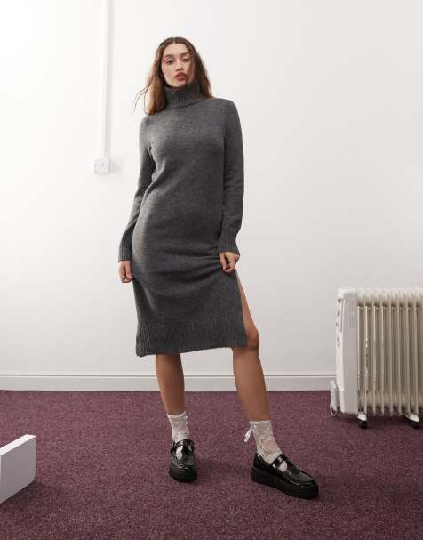 Noisy May - Vestito maglia midi accollato grigio - view 1
