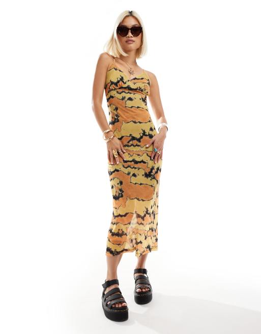 Noisy May - Vestito midi arancione con stampa a fiori e strato sovrapposto in rete