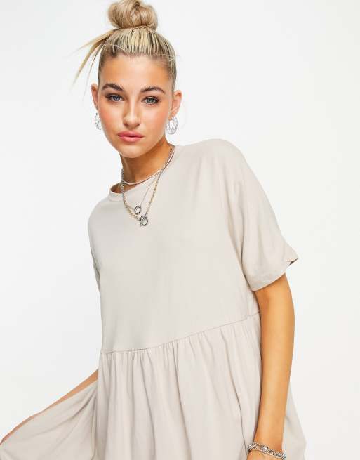 Noisy May - Vestito t-shirt stile grembiule in cotone color pietra - BEIGE, 3 di 4