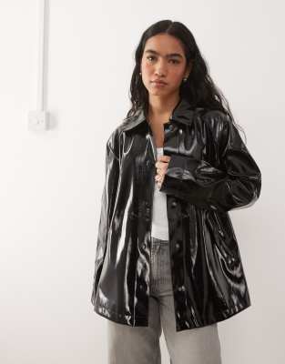 Noisy May Vinyl Collared Trench Coat With Leopard Lining In Black