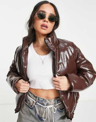 Noisy May vinyl padded jacket in brown - ASOS Price Checker