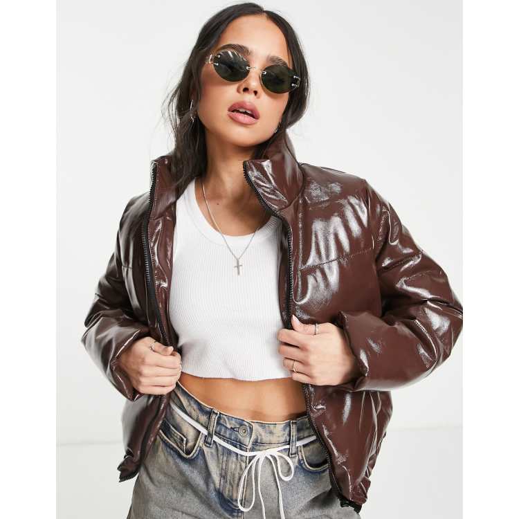 Noisy May vinyl padded jacket in brown ASOS