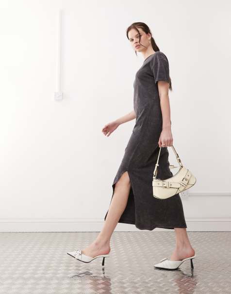 Noisy May – Wadenlanges T-Shirt-Kleid in verwaschenem Grau mit Schlitz - view 1