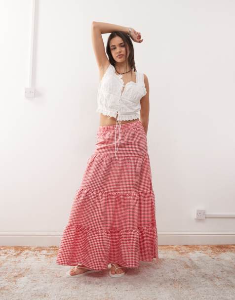 Noisy May tiered maxi skirt in red gingham