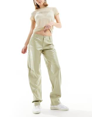 Shop Noisy May Wide Leg Faux Leather Pants In Light Sage-green