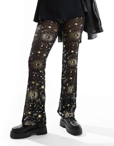 Noisy May wide leg mesh trouser in black with gold cosmic foil