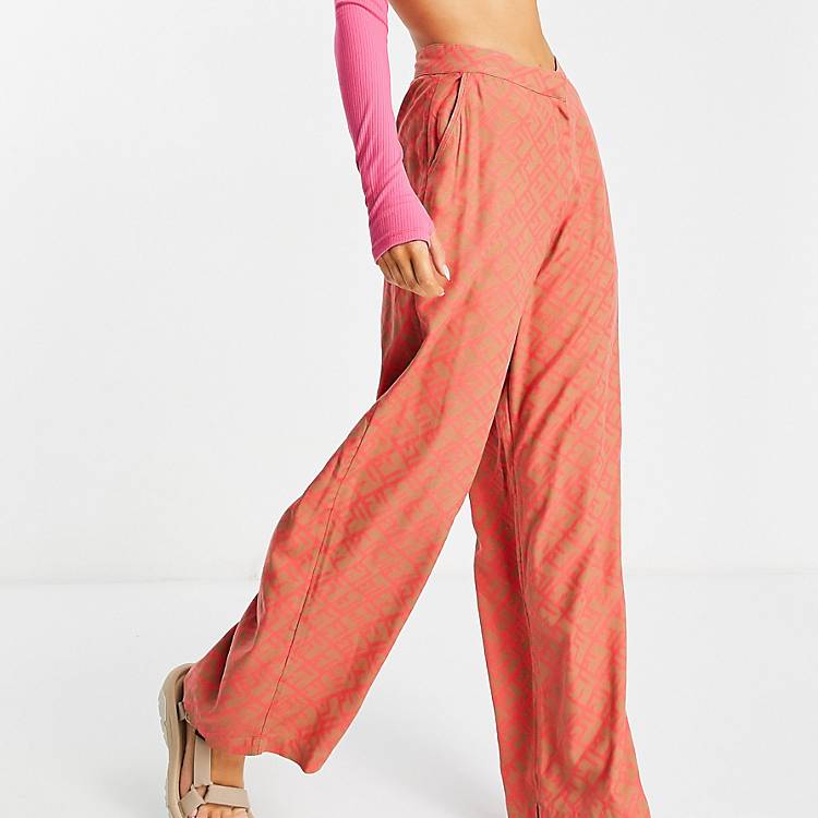Noisy May Wide Leg Pants in Coral Monogram - Part of A set-Multi