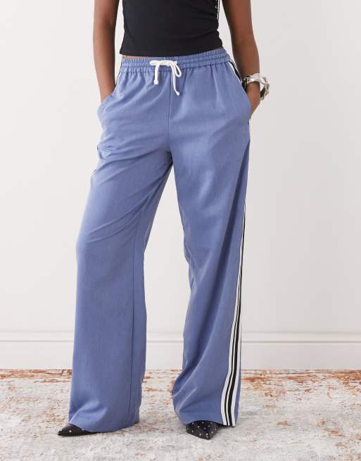 Noisy May wide leg pants with side stripe in blue | ASOS