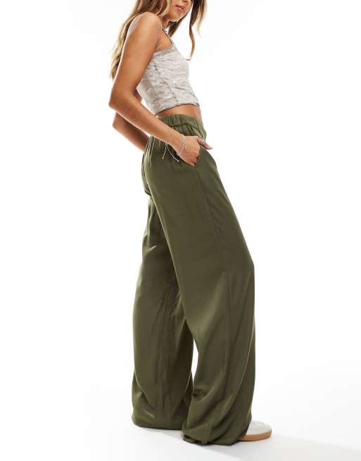 Noisy May wide leg satin pants with asymmetric waistband in