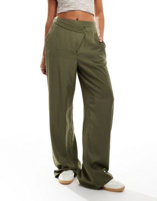Noisy May wide leg satin trousers with asymmetric waistband in khaki - ASOS Price Checker