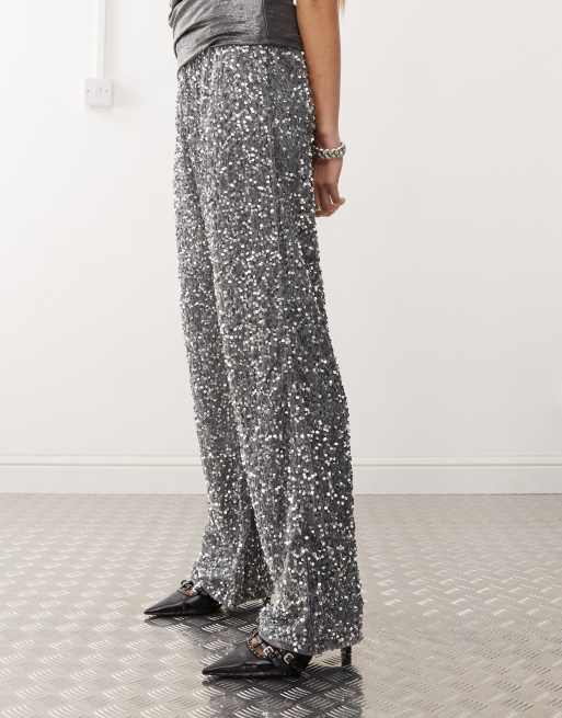 Noisy May wide leg sequin pants in silver