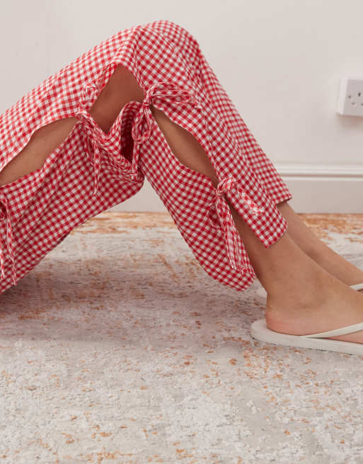Noisy May wide leg side tie detail pants in red gingham, 2 of 5