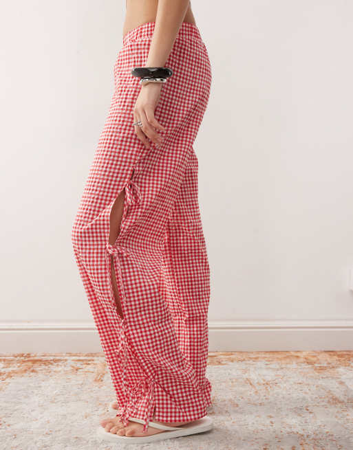 Noisy May wide leg side tie detail pants in red gingham, 3 of 5