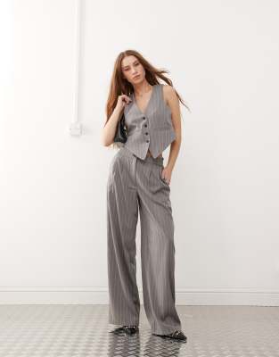 Noisy May Wide Leg Tailored Pants In Gray Pinstripe - Part Of A Set