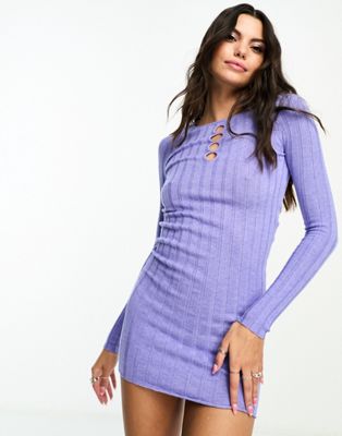 wide rib knitted mini dress in blue