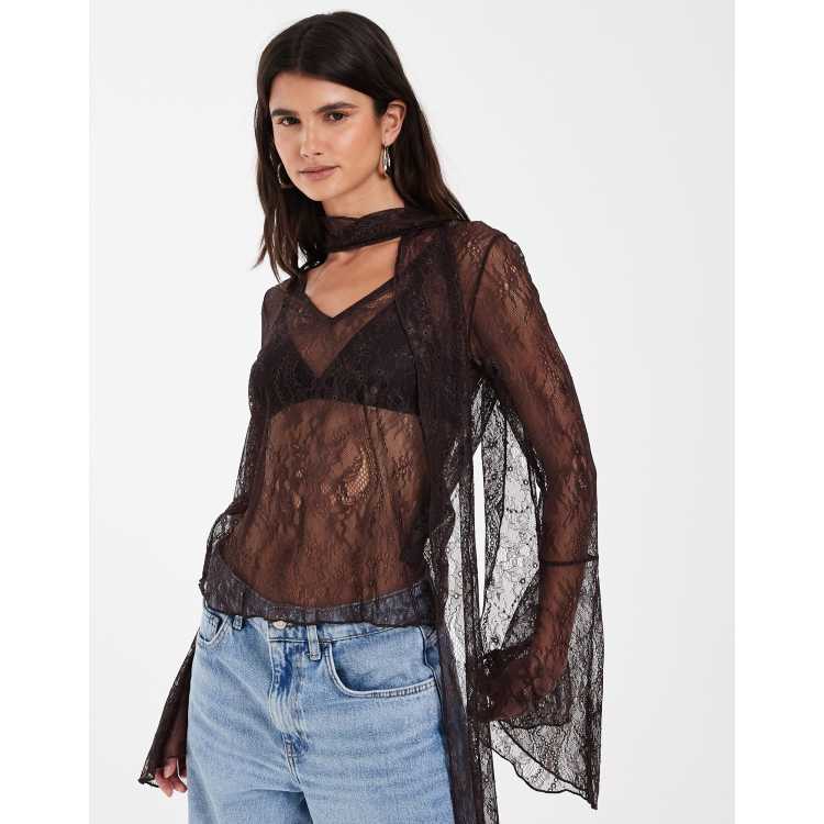 Noisy May wide sleeve lace top with scarf detail in chocolate