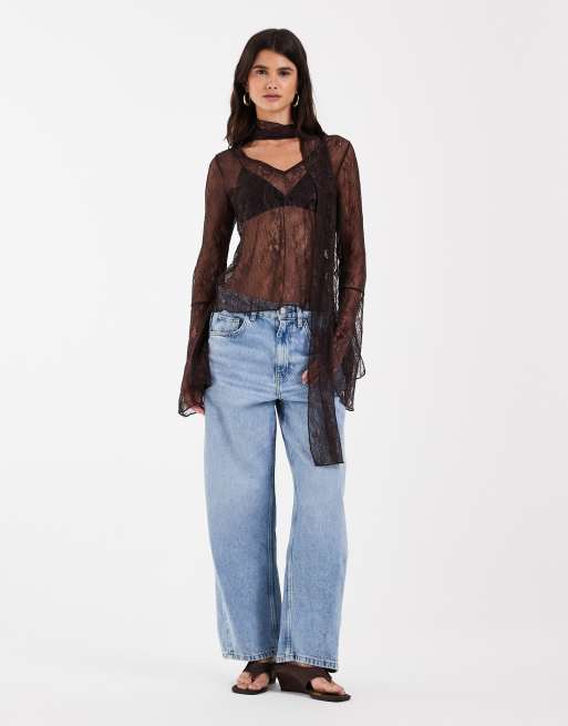 Noisy May wide sleeve lace top with scarf detail in chocolate brown, 3 of 4