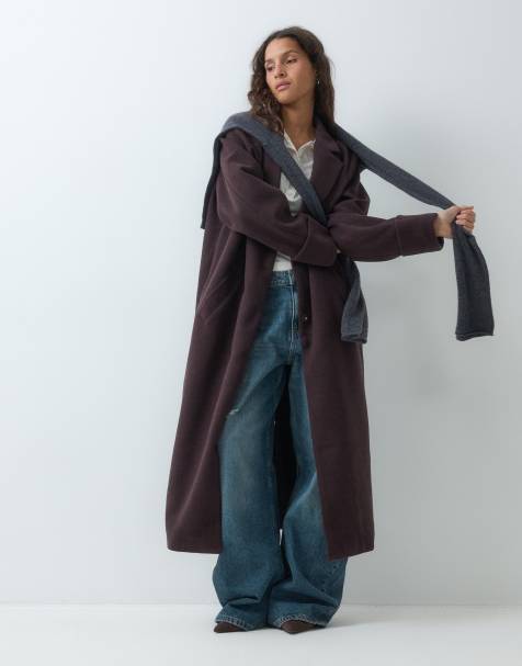 Noisy May wool look maxi overcoat in chocolate plum - view 1